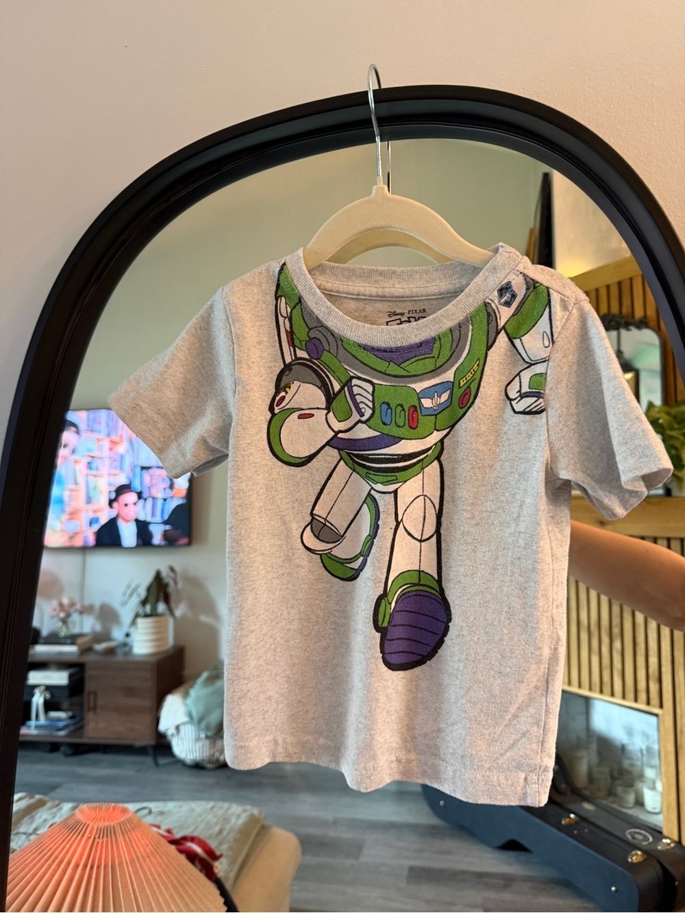 Disney Gray Buzz Lightyear Graphic Tee with Green & Purple Accents